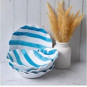 Hobby Lobby Rustic Striped Wavy Bowls Cereal Fruit Melamine Turquoise 7.8”x2”
